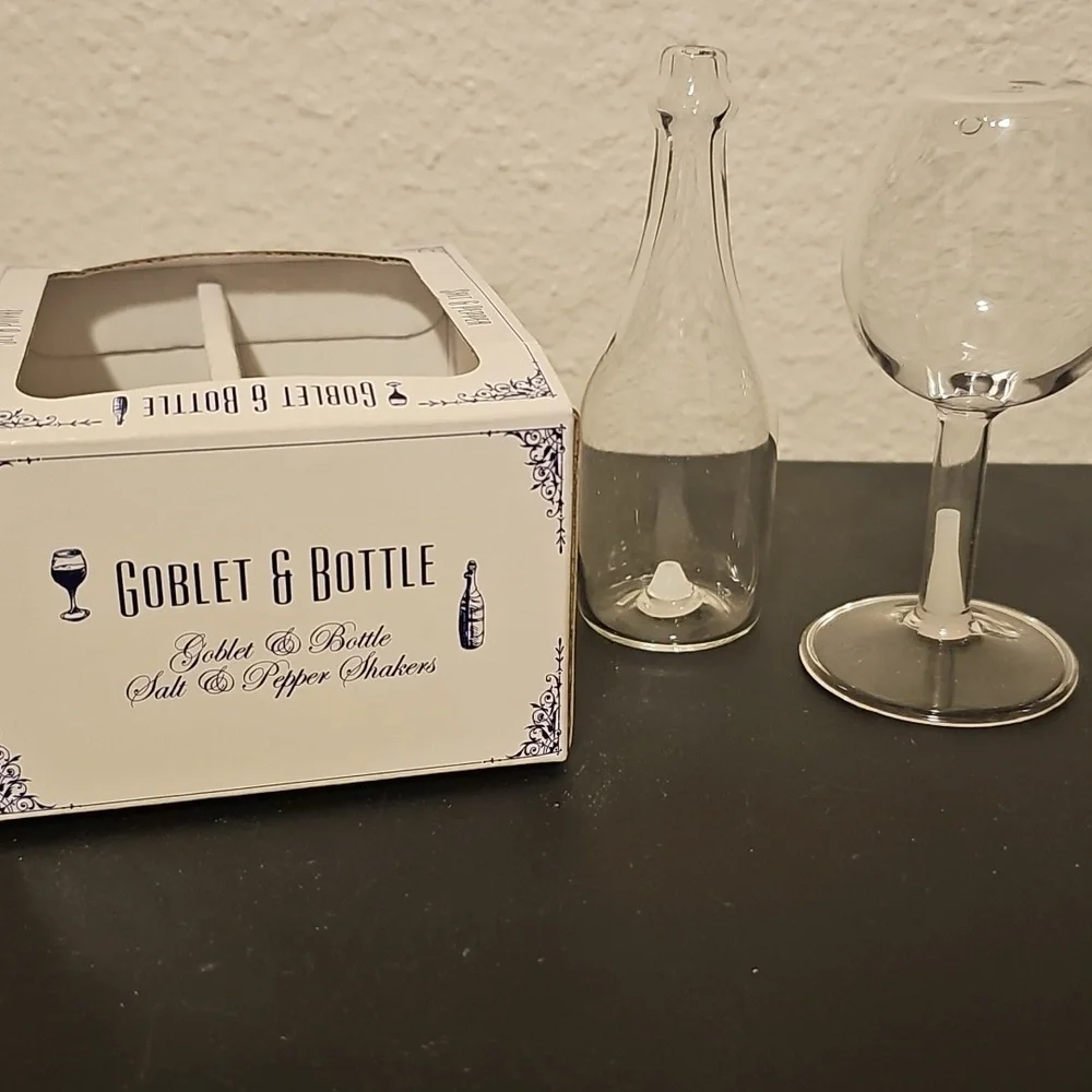 Clear Glass Goblet And Bottle Salt and Pepper Shakers